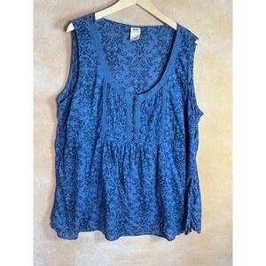 Faded Glory Womens Plus Blue Floral Lace Trim Sleeveless Tunic Top 3X